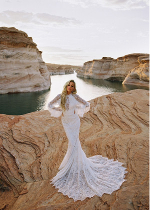 High Neck Ivory Lace Keyhole Back Wedding Dress